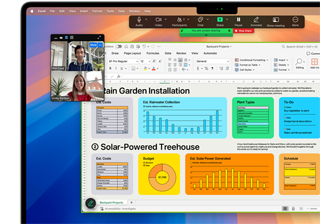 Aparecen gráficos, tablas y una videollamada abiertos y activos en un MacBook Pro de 16 pulgadas para demostrar la compatibilidad de macOS con Microsoft Excel y Zoom