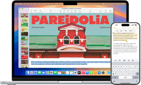 Un portátil Apple abierto con un iPhone en primer plano. La pantalla del iPhone muestra en Notas el mismo texto resaltado que aparece en la pantalla del portátil Apple.